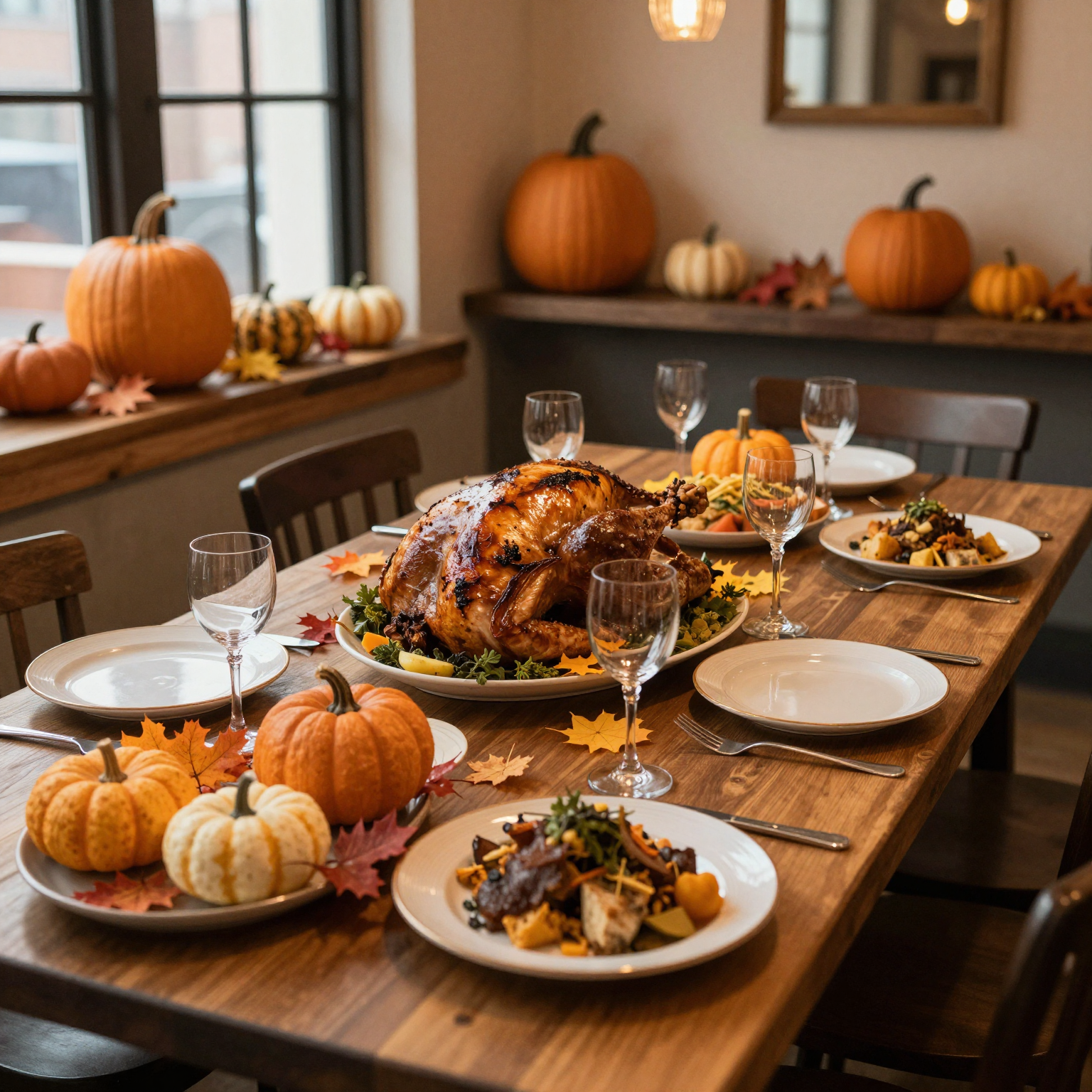A beautifully set Thanksgiving dinner table in a New York City restaurant with warm autumn decor and plated holiday dishes
