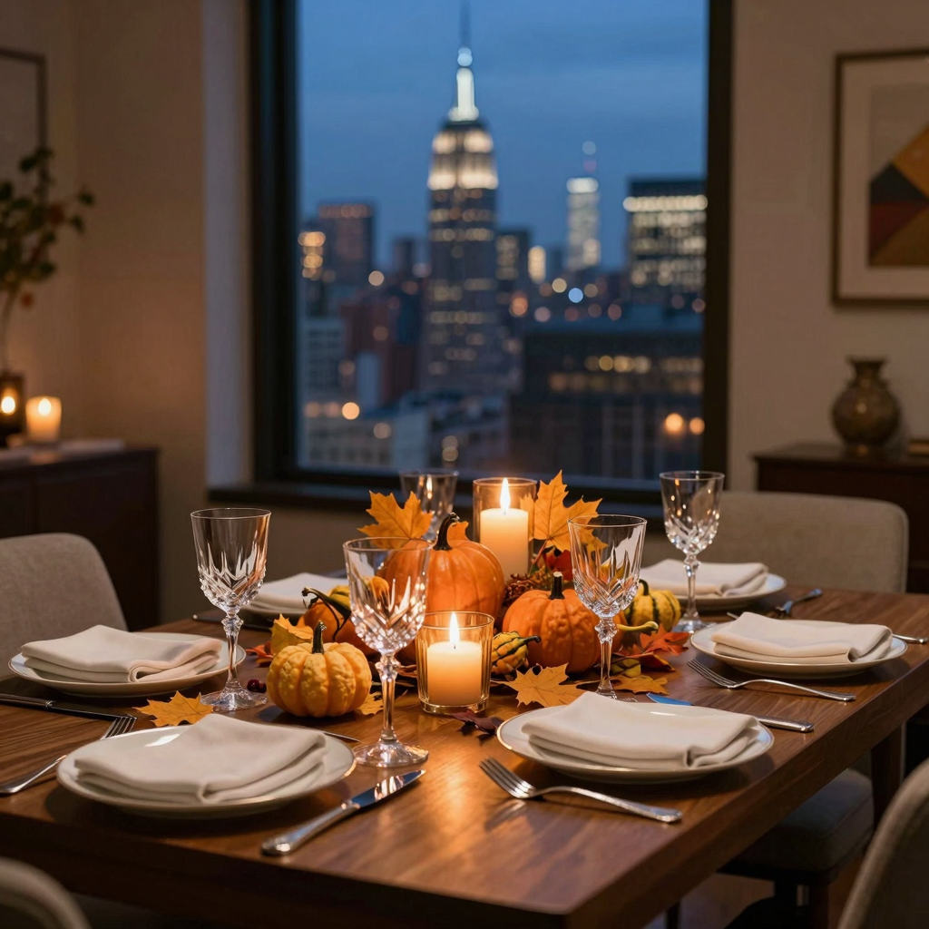 Upscale NYC Thanksgiving dinner with skyline view