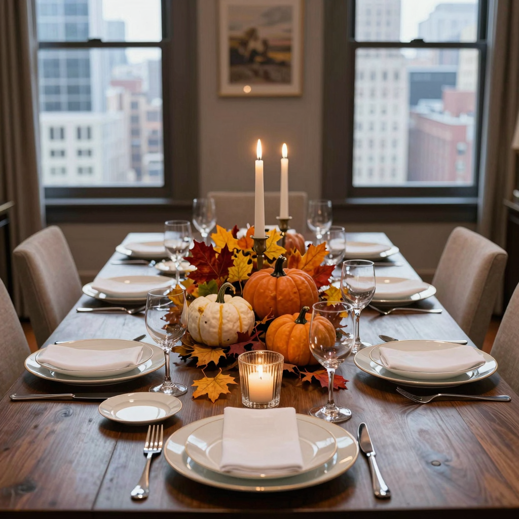 Elegant NYC Thanksgiving corporate dining table setting