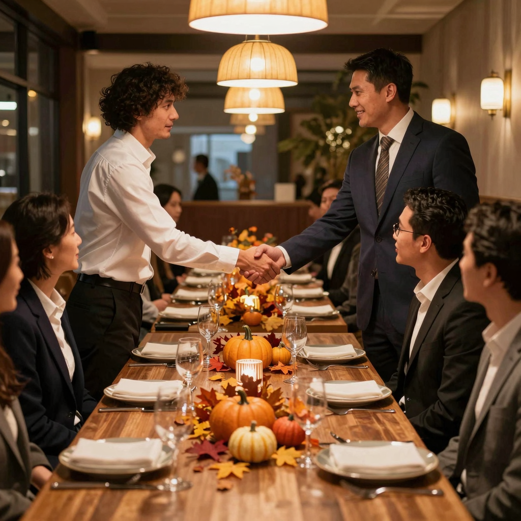 Upscale Thanksgiving dinner in NYC with business professionals networking at an elegantly set table