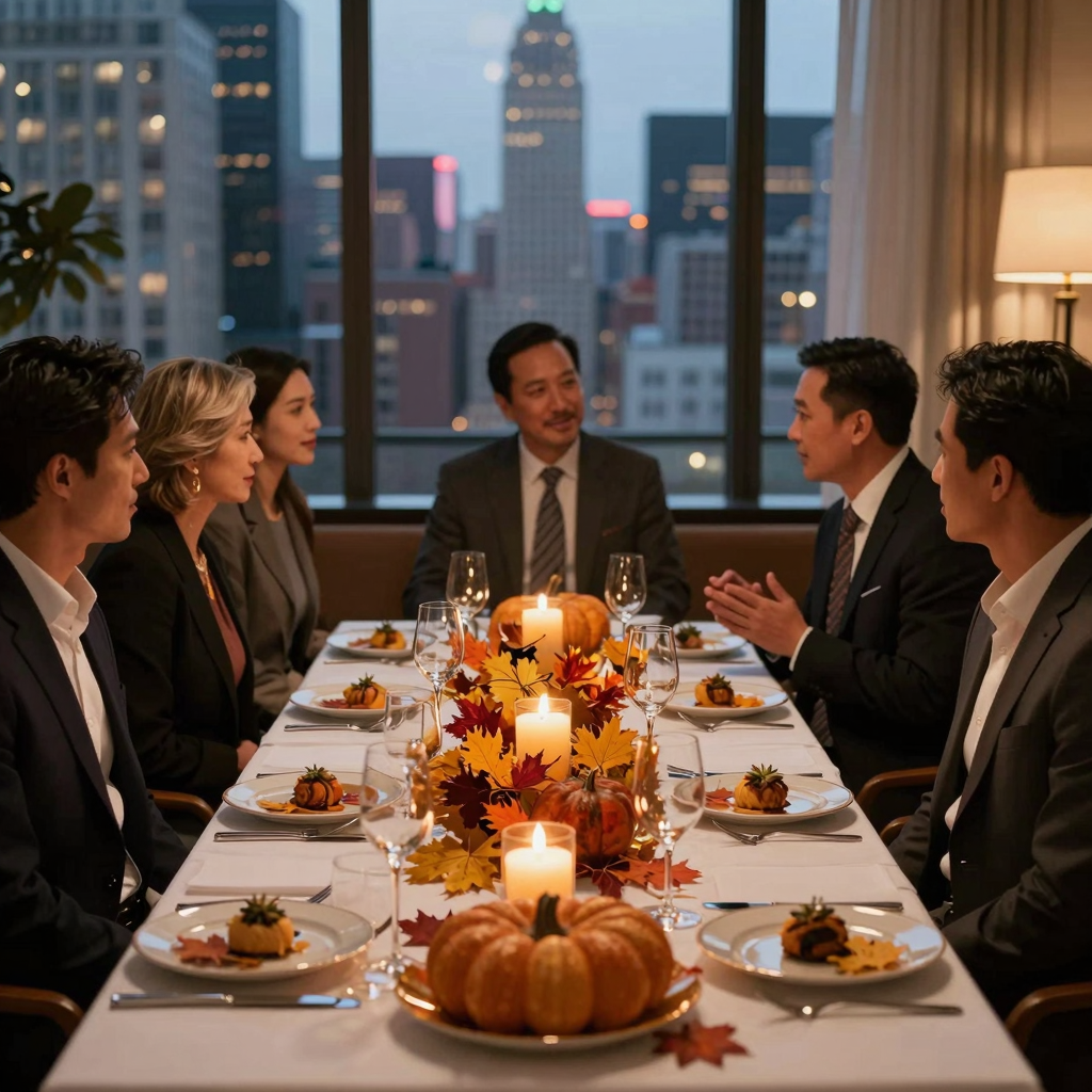 Elegant Thanksgiving dinner in NYC with skyline view