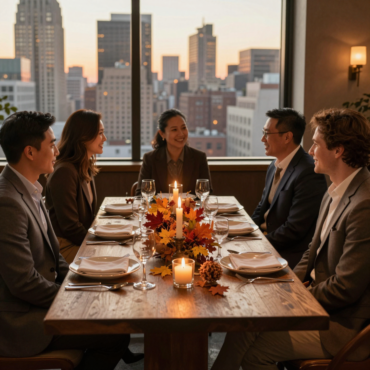 Warm Thanksgiving dinner in an elegant NYC restaurant with skyline views and business professionals networking