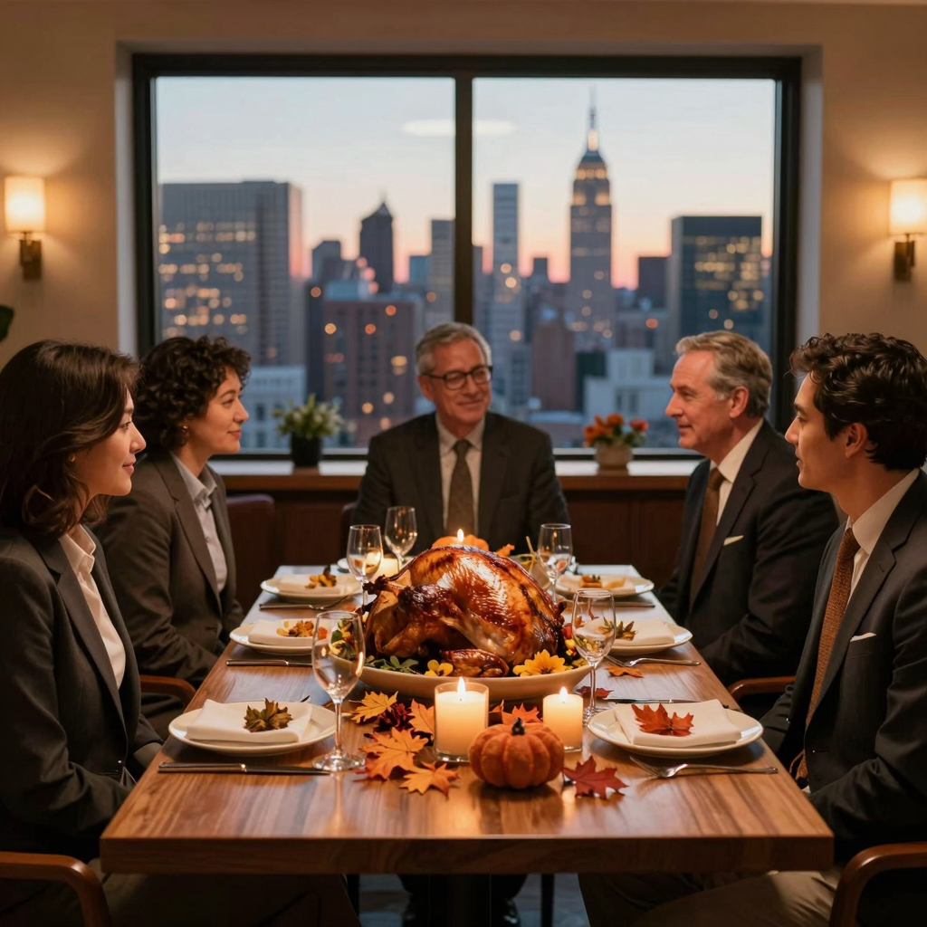 Upscale Thanksgiving dinner at an NYC restaurant with business professionals and city skyline view