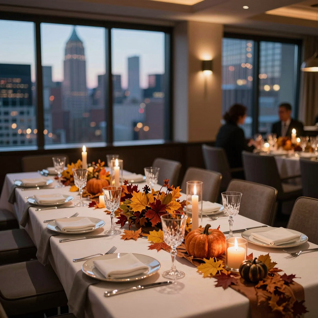 Elegant Thanksgiving dinner setting with NYC skyline views