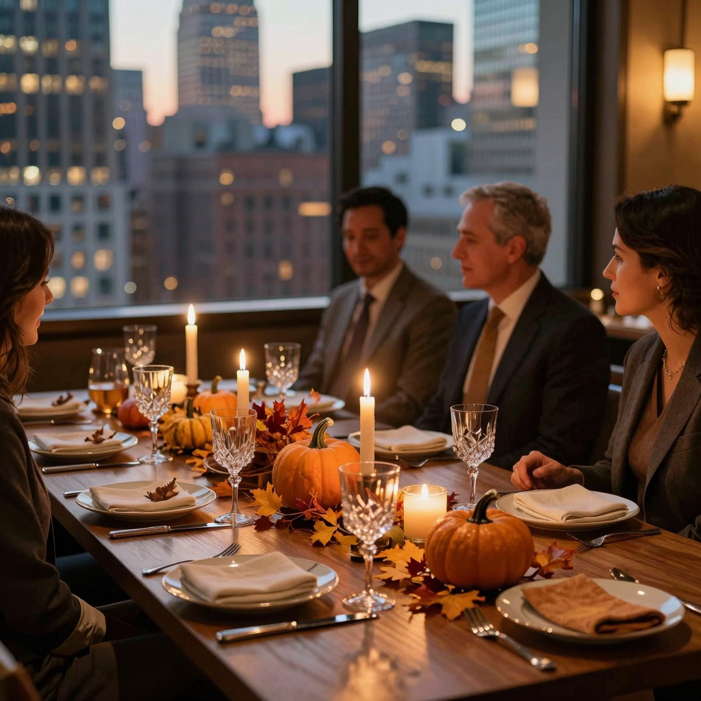 An upscale NYC Thanksgiving dinner table with Manhattan skyline views, fine dining ambiance, and business professionals networking.