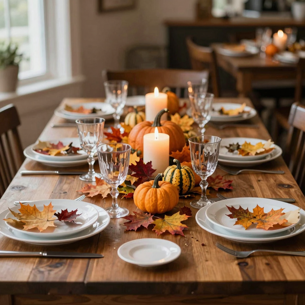 Festive Thanksgiving dinner table setting in a restaurant
