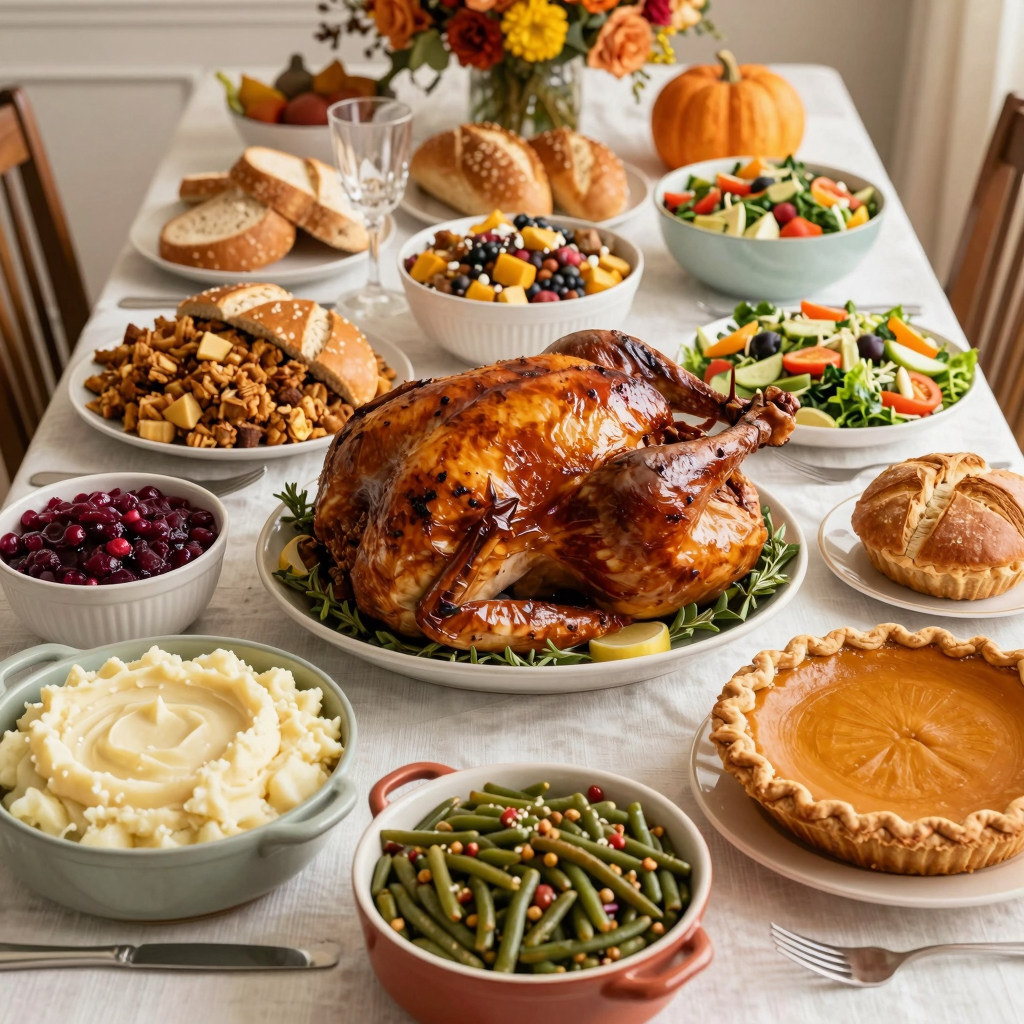 Festive Thanksgiving food spread with a variety of traditional dishes