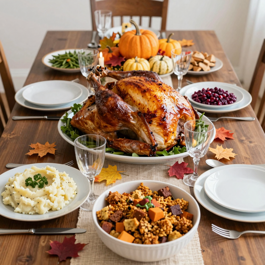 Beautifully arranged Thanksgiving meal featuring turkey, sides, and decorations