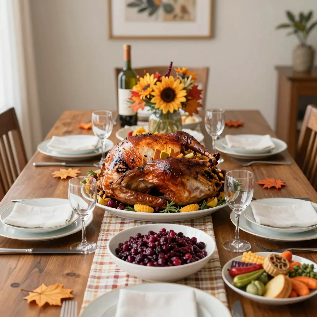 A beautifully set Thanksgiving dinner table