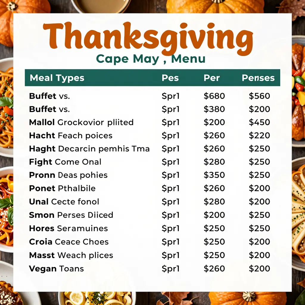 Thanksgiving menu offerings comparison table for Cape May restaurants