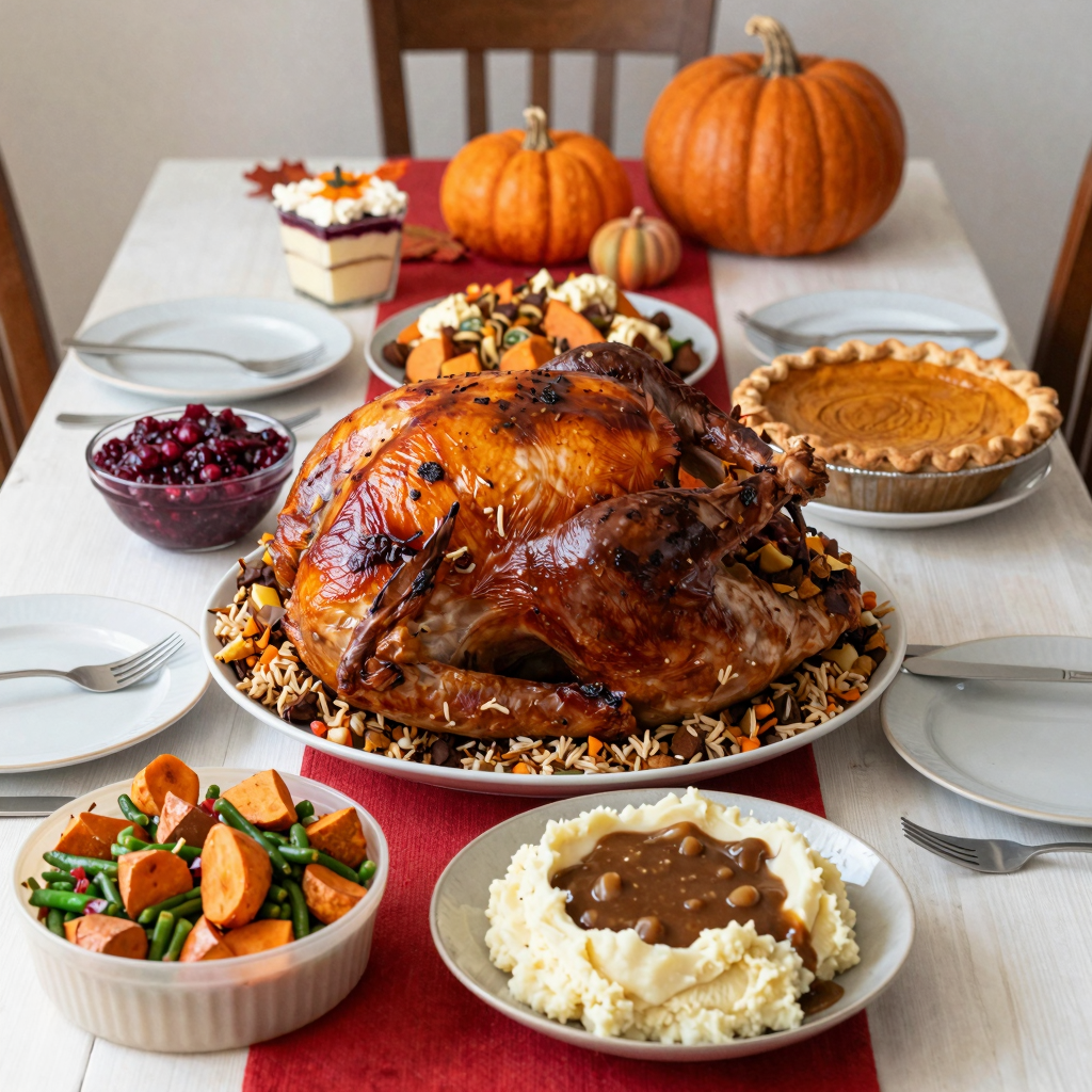 Thanksgiving dinner table in Minnesota with traditional dishes