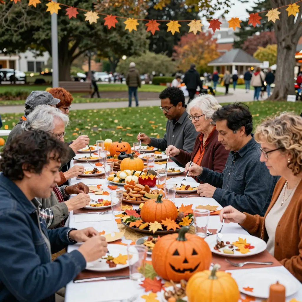 A festive San Francisco Thanksgiving scene showing a community gathering, decorated with fall leaves and pumpkin designs, showcasing diverse people enjoying a Thanksgiving meal in a park setting.