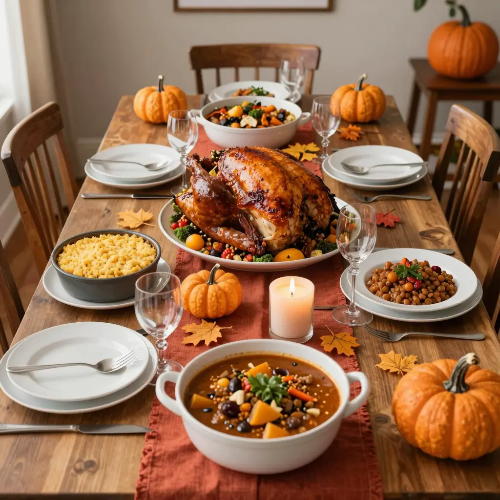 A beautifully decorated Thanksgiving dinner table featuring traditional New Orleans cuisine