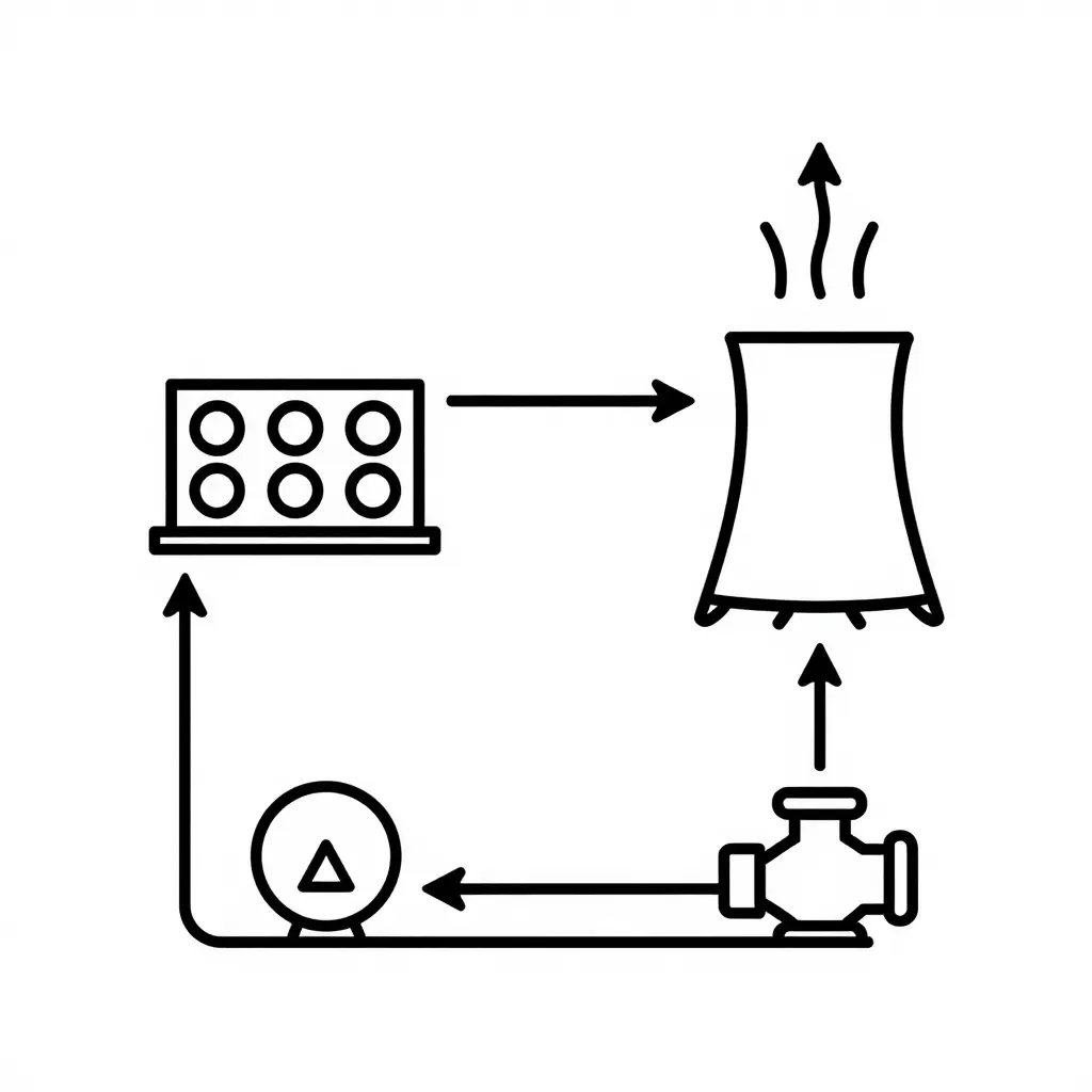 Minimalist two-dimensional schematic of a condenser water loop showing the chiller condenser, cooling tower, and condenser water pump connected in a closed circuit with arrows indicating water flow direction and an upward path for heat rejection