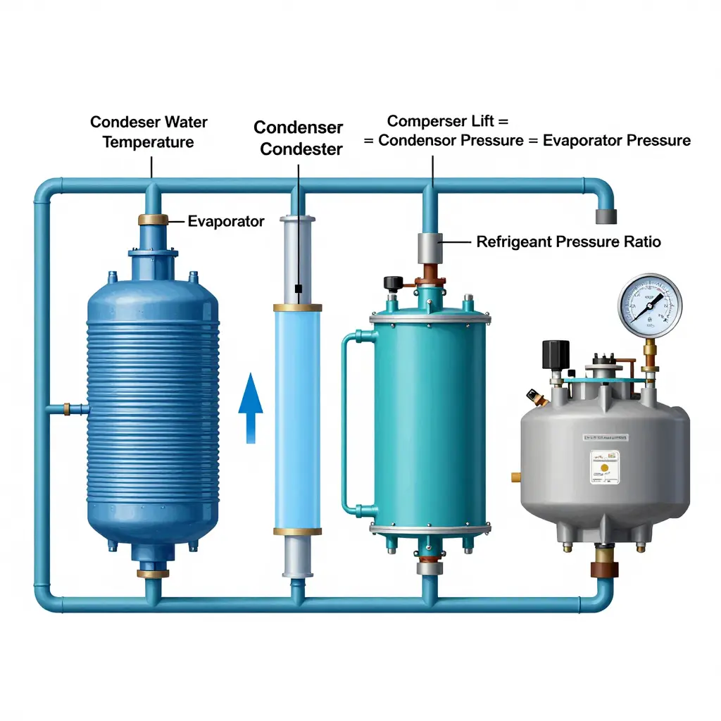 Schematic of a vapor-compression chiller cycle showing compressor lift and refrigerant pressure ratio