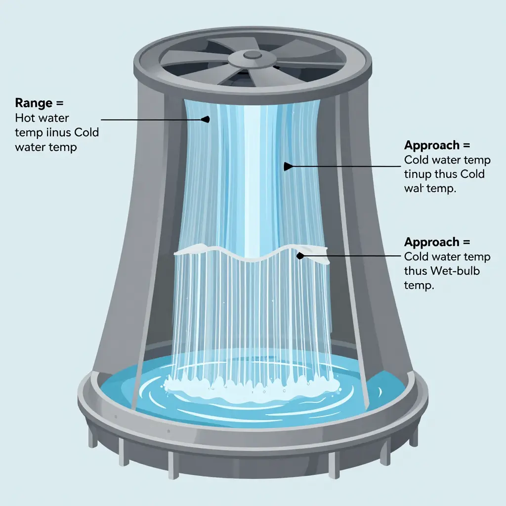 Diagram of a mechanical draft cooling tower showing range and approach relative to wet-bulb temperature