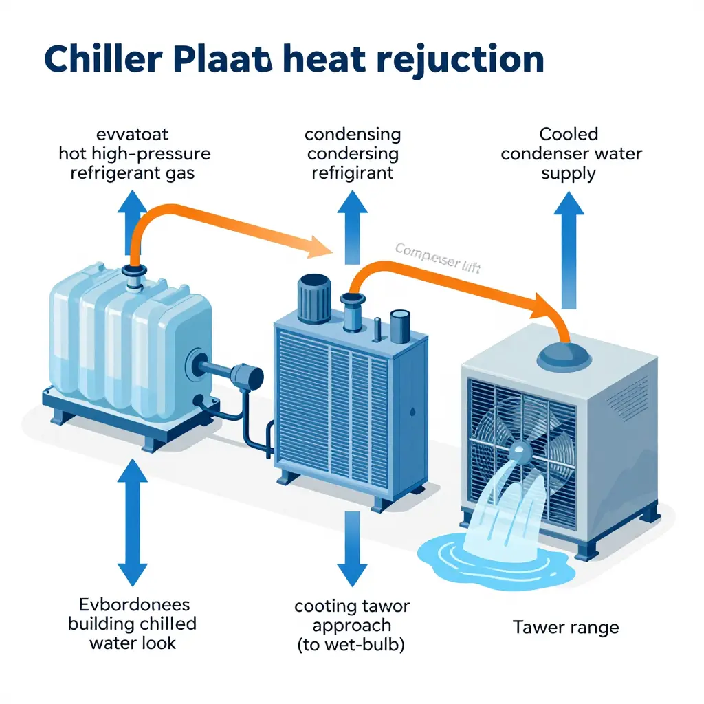 Diagram of the chiller plant heat rejection path, from evaporator and compressor through the condenser to the cooling tower