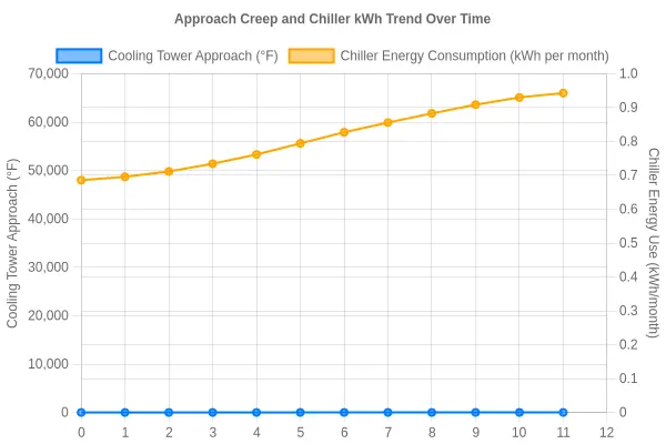 Line chart titled "Approach Creep and Chiller kWh Trend Over Time" with two lines across a 12-month x-axis. The solid blue line shows cooling tower approach rising from 5 degrees F to 11.5 degrees F; the dashed orange line shows chiller energy consumption rising from 48,000 kWh to 66,000 kWh per month, illustrating a clear correlation between rising approach and rising energy use.