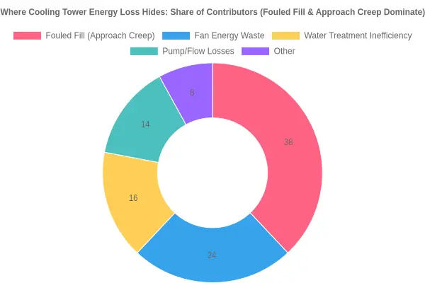 Doughnut chart showing the share of cooling tower energy loss contributors, led by fouled fill and approach creep at 38 percent