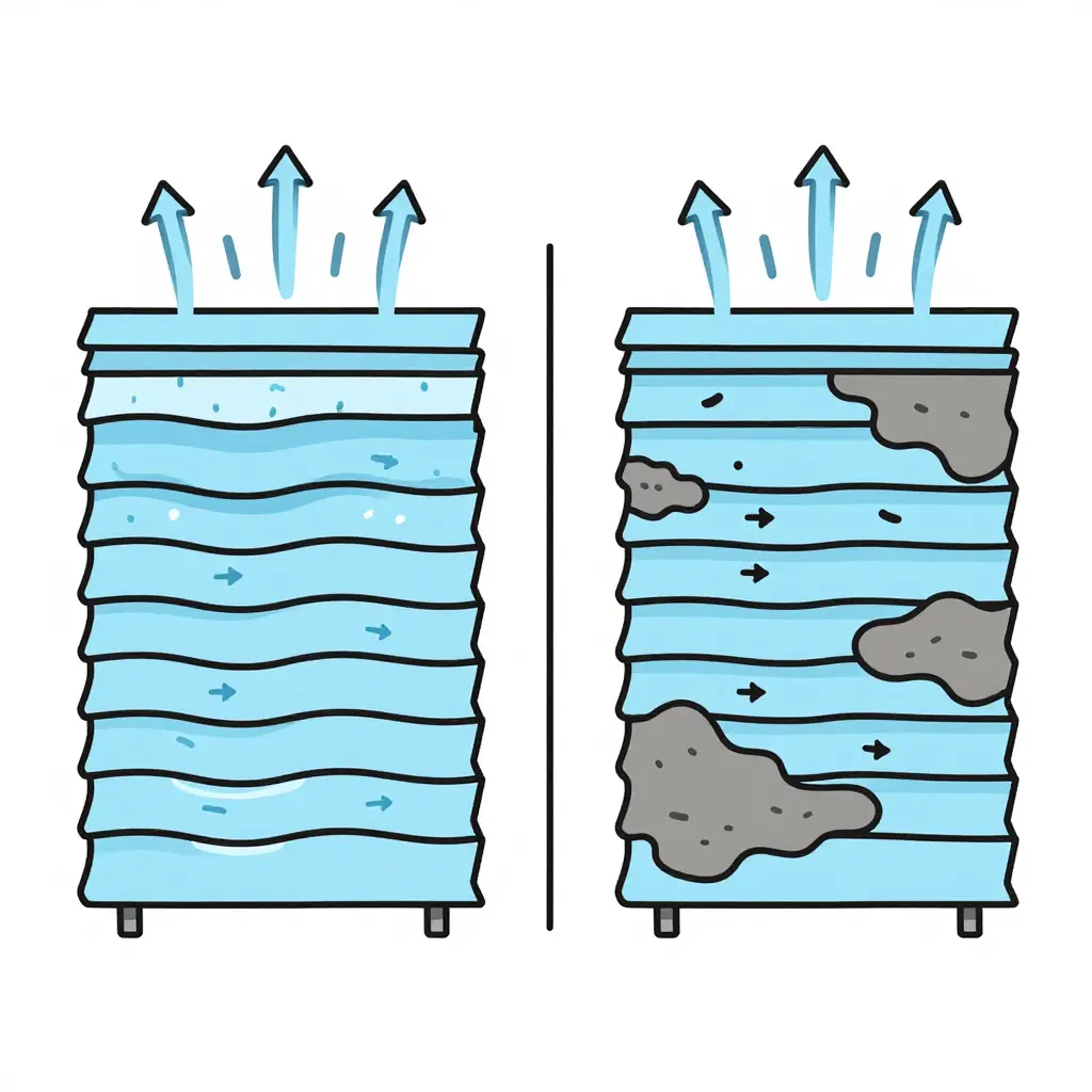 Side-by-side 2D schematic comparing a clean cooling tower fill section with full water film coverage and free airflow against a fouled fill section with blocked passages, patchy wetting, and reduced heat and mass transfer