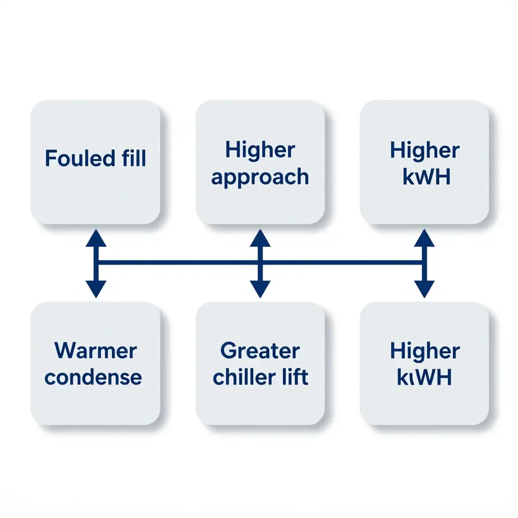 Flow diagram from fouled fill to higher kWh