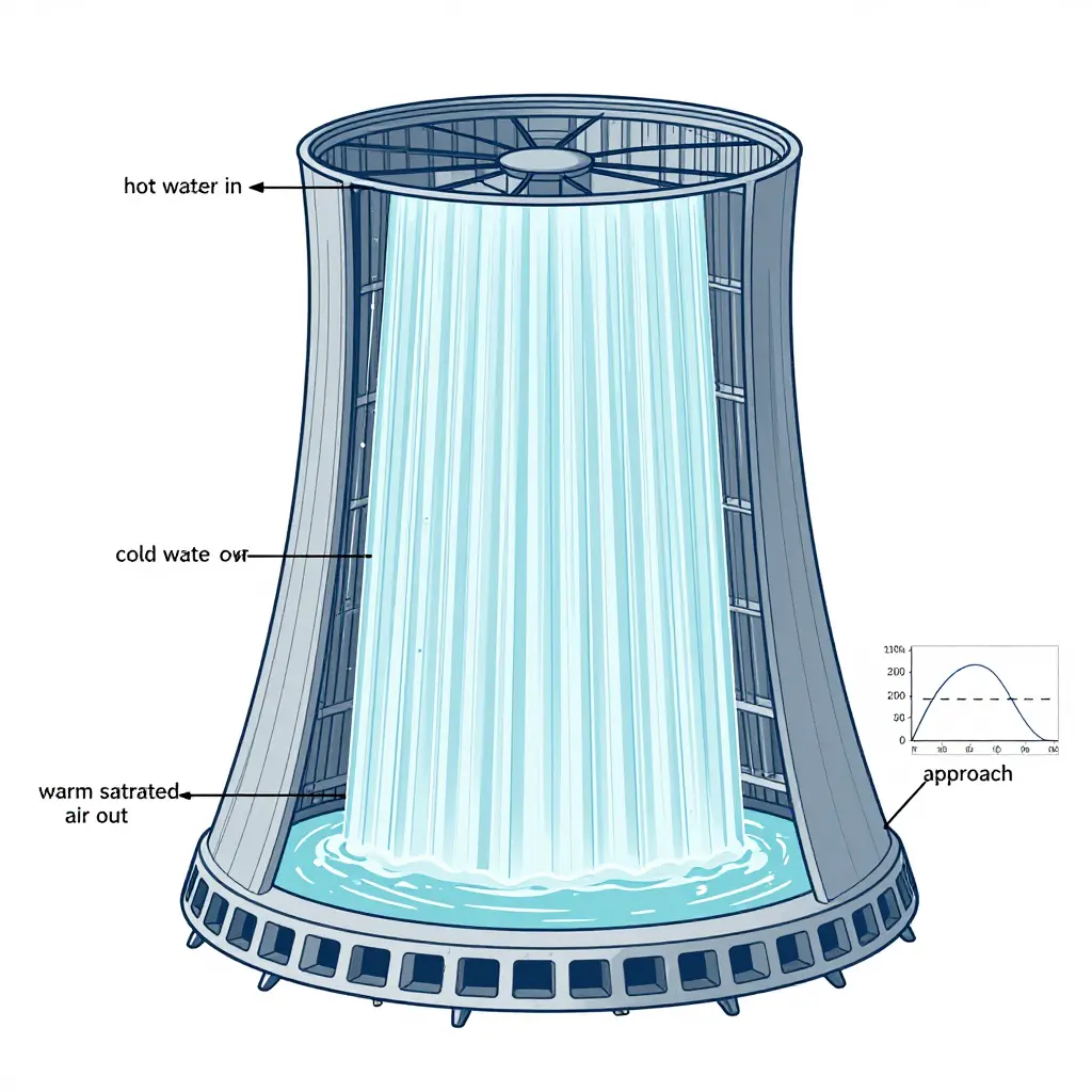 Diagram of water falling through cooling tower fill while air rises, with an inset curve showing water temperature asymptotically approaching the wet-bulb line and the remaining gap labeled approach