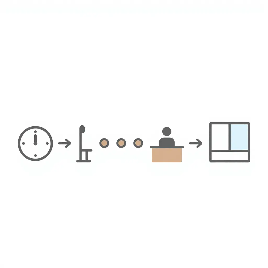 A minimal flat 2D schematic diagram showing the walk-in window flow: arriving at opening, checking the host for open counter seats, waiting in a short queue, and getting seated or trying the next window, illustrated with simple shapes and arrows only