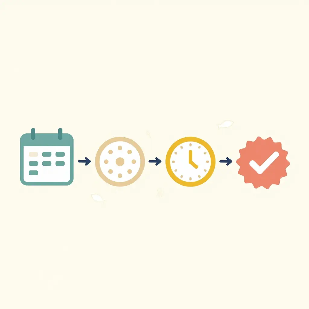 Minimalist flat 2D diagram showing the Thanksgiving seafood dinner reservation booking flow as four geometric steps connected by arrows: a calendar shape for date selection, a circle of dots for party size, a clock for time slot, and a checkmark badge for confirmation.