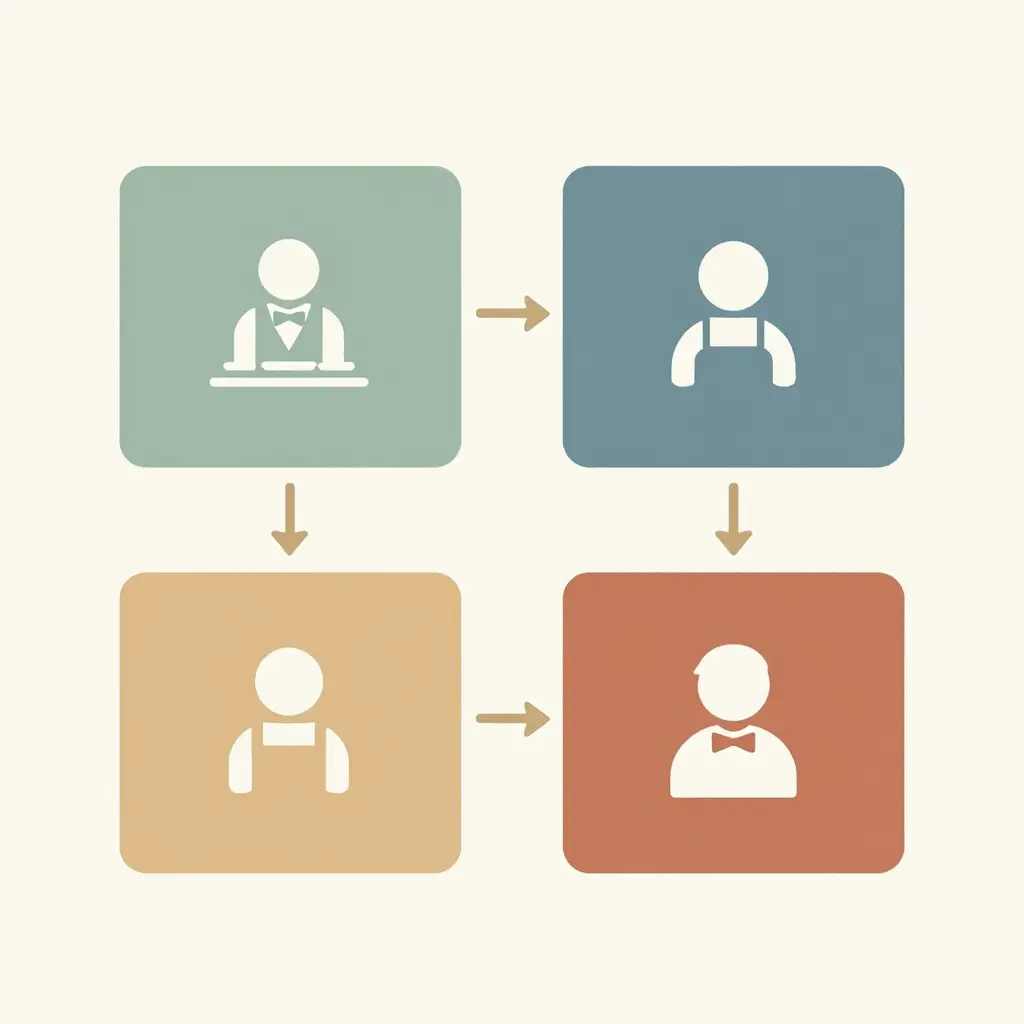 Flat 2D diagram showing the Thanksgiving holiday workflow of a seafood restaurant team, with host, server, kitchen, and management icons connected by directional arrows to illustrate service handoffs.