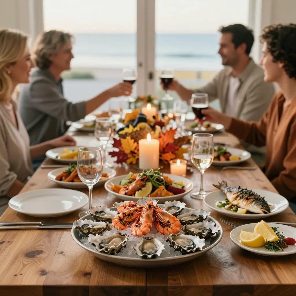 Festive Thanksgiving seafood dinner table at an upscale coastal restaurant