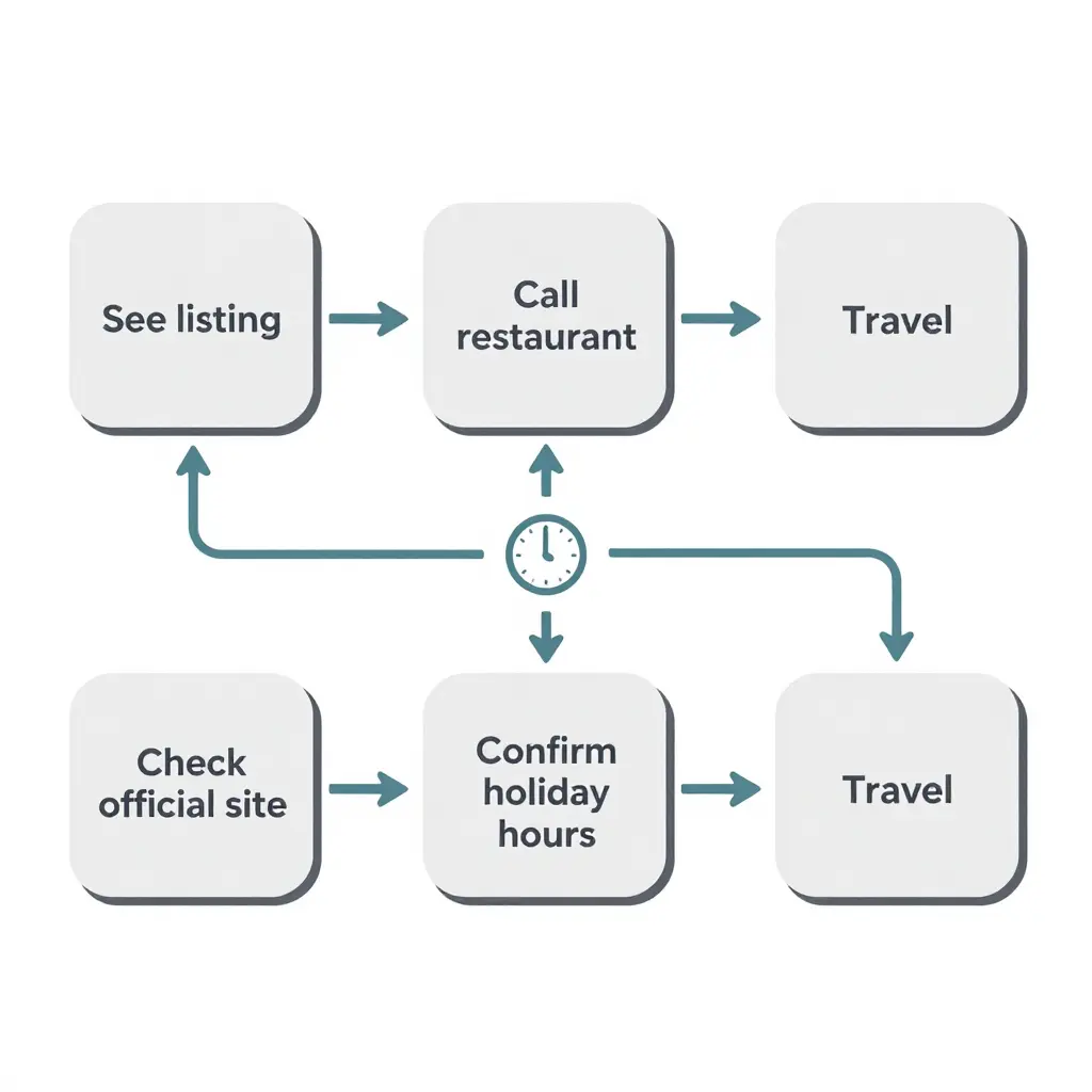 Flat 2D flowchart showing the five-step diner verification path: see listing, call restaurant, check official site, confirm holiday hours, then travel