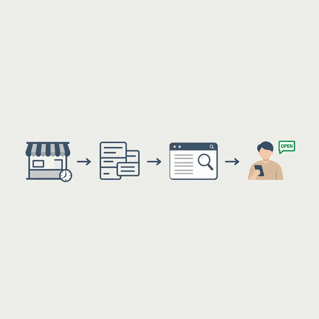 Flat 2D diagram showing the four-stage pipeline of restaurant listing data: a restaurant updating its hours, feeding into a data aggregator or directory, feeding into a search listing, and finally a diner reading an 'open' status on their phone