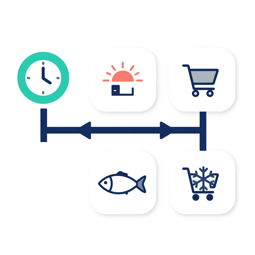 Four-step flat diagram of the Thanksgiving seafood run: check hours, arrive early, grab high-risk items first, then check out and store cold