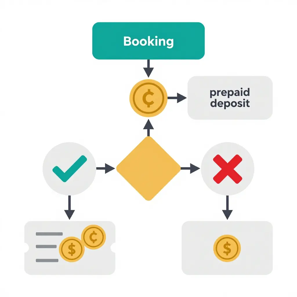 A minimal flat 2D schematic diagram showing the flow of a Thanksgiving reservation: booking, paying a prepaid deposit, and then splitting into two outcomes where showing up applies the deposit to the bill while a no-show is charged a fee