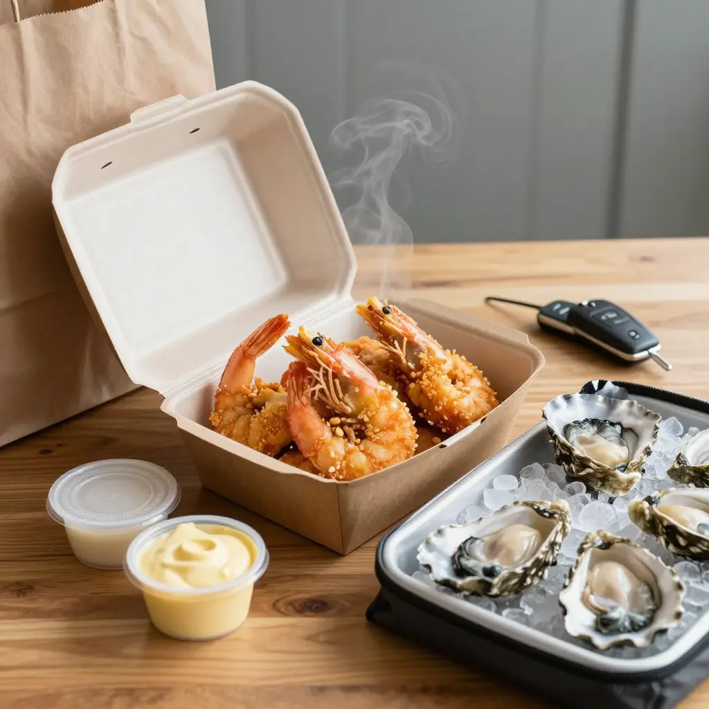 Open takeout box of fried shrimp with a vented lid beside a sealed cup of butter sauce and a tray of oysters on ice