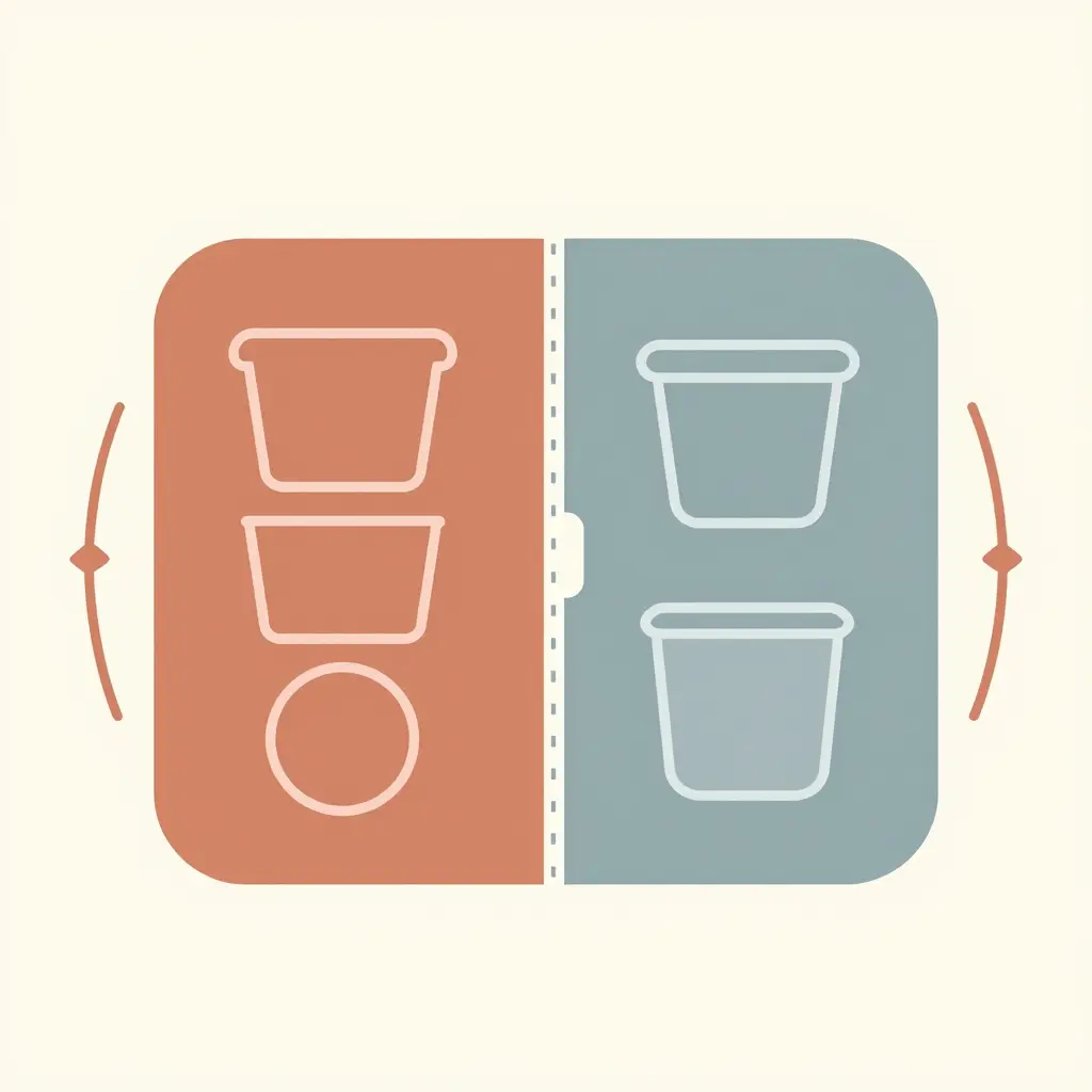 Minimalist flat two-dimensional diagram of a rectangular insulated carrier divided into a hot zone and a cold zone, with simple geometric shapes standing in for hot containers, cold containers and a gel pack, plus thin arrows showing placement and a gap marking the separation between zones.