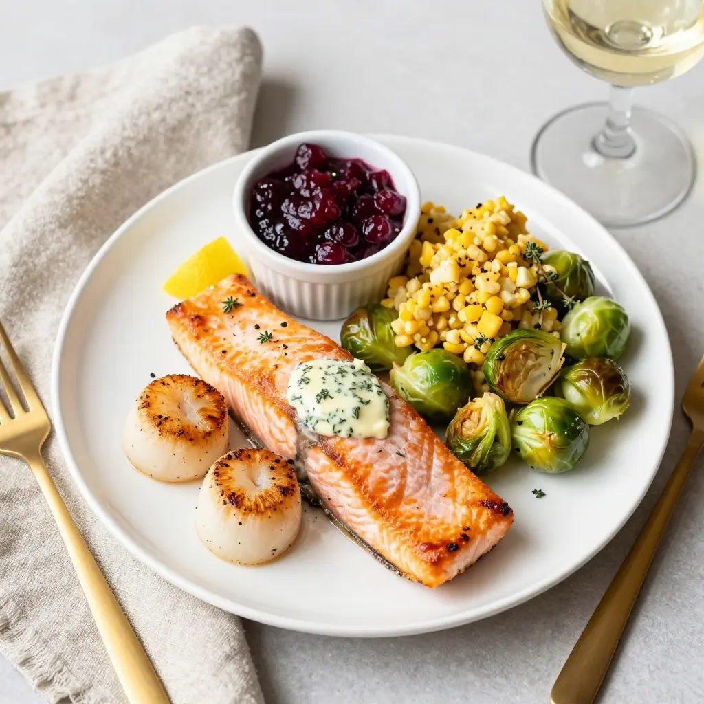 A plated Thanksgiving seafood dinner with roasted salmon, seared scallops, stuffing, and roasted Brussels sprouts
