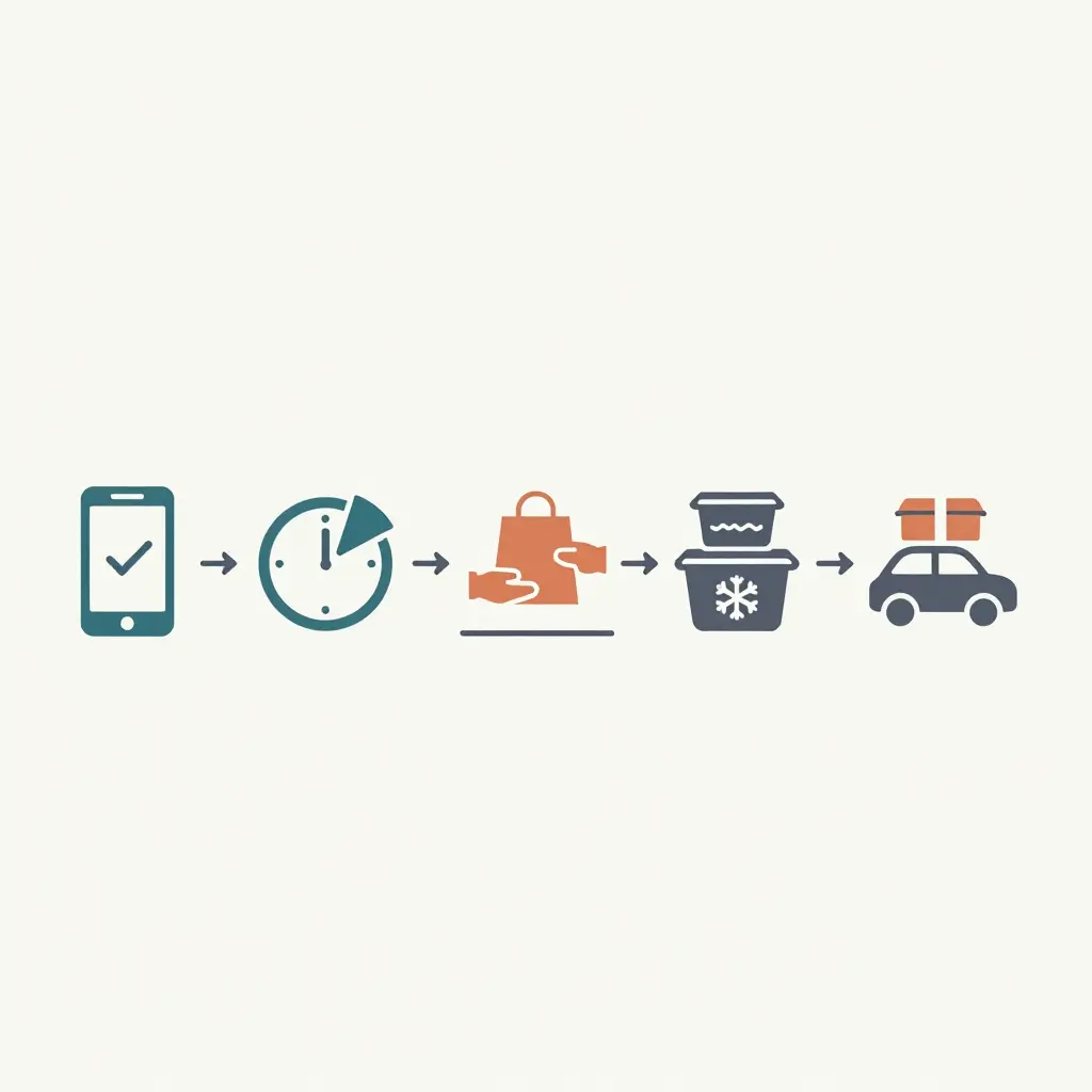 Five-step flat vector diagram: order confirmation, arrival in the pickup window, counter handoff, hot and cold item separation, and departure with an insulated carrier